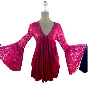 Free People Flare Sleeve Lace Mini Dress Tunic size Small Red